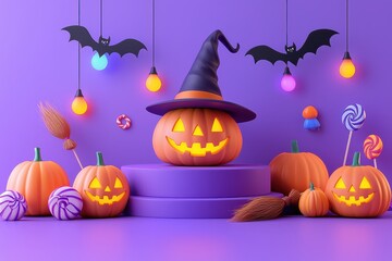 Wall Mural - Festive Halloween display with jack o' lanterns, witch hat, and dangling bats