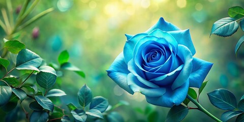 Vibrant blue rose blooms amidst lush green foliage on a soft, creamy background, evoking serene elegance and whimsical