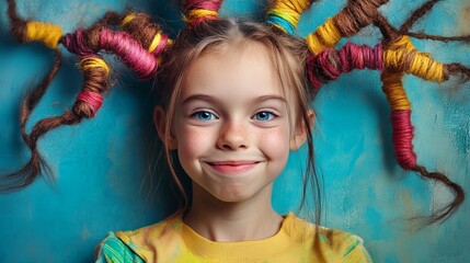 Wall Mural - Creative trend collage of funny young girl toothy smile braids hair good mood weird freak bizarre unusual fantasy