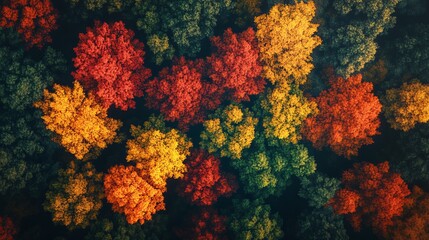 Wall Mural - Heatmap of a forest during autumn, with warm hues showing the most colorful foliage and cooler tones in areas where the leaves have already fallen. 4K hyperrealistic photo.