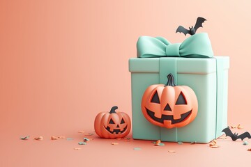 Wall Mural - Festive Halloween decoration with pumpkin, bat, and gift box