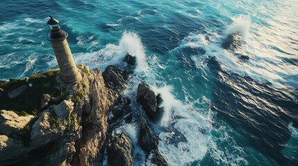 Canvas Print - Sweeping aerial view of a coastal cliffside with waves crashing against the rocks, and a lighthouse standing tall on the edge. 4K hyperrealistic photo.