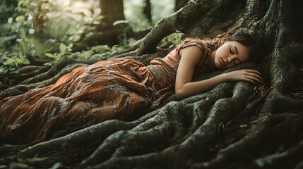 Wall Mural - Woman sleeping and grounded in tree roots in a forest