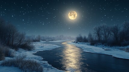 Poster - Frozen river winding through a snowy landscape under a full moon, with the ice and snow reflecting the bright moonlight. 4K hyperrealistic photo.