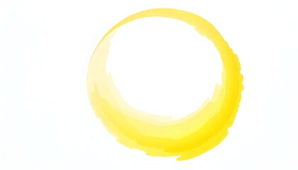 Hand painted circular stroke of yellow water colour paint brush on a white background