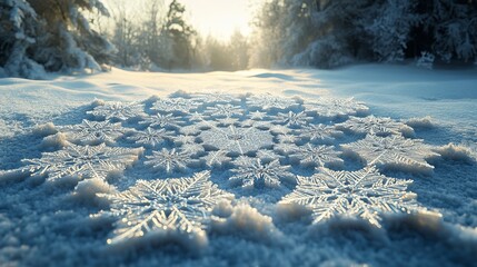 Wall Mural - Snowflakes arranged in a perfect spiral on a snowy field, each flake contributing to a larger geometric design. 4K hyperrealistic photo.