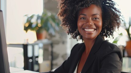 Poster - A woman with curly hair is smiling and sitting at a desk in front of a computer