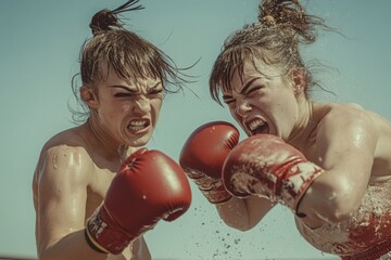 Two female boxers fiercely fighting in a match