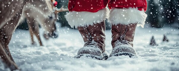 Festive boots in snowy landscape, surrounded by gentle snowfall and a deer nearby, perfect for holiday-themed imagery.