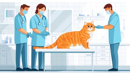 Veterinary staff grooming a cat, cheerful clinic atmosphere, flat design illustration