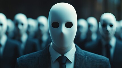 Poster - A man in a suit with a mask on his face stands in front of a group of people