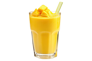 Refreshing mango smoothie served in a tall glass with a straw and fresh fruit garnish