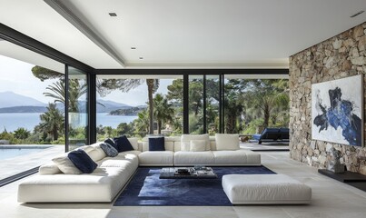 The space can be characterized by light grey and white wood walls, blue accent pillows on the sofa, a large window overlooking the ocean, and stone wall accents. The flooring should be white