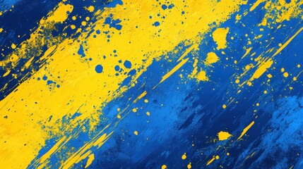 Poster - Abstract blue and yellow paint splatter background with dynamic brush strokes creating an energetic visual display