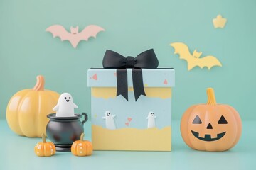 Wall Mural - Festive Halloween scene with pumpkin, ghost, and gift box