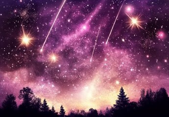 Wall Mural - detailed watercolor illustration of an evening starry sky with aurora and a forest silhouette