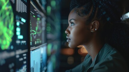 Poster - A woman is looking at a computer screen with a lot of numbers and graphs