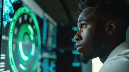 Fototapete - A man is staring at a computer screen with a green circle on it