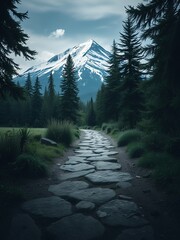 Canvas Print - Stone path leading to a snow-capped mountain.