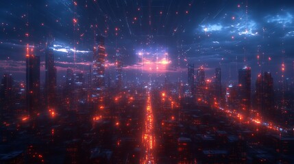 Wall Mural - Night city panorama with network hologram