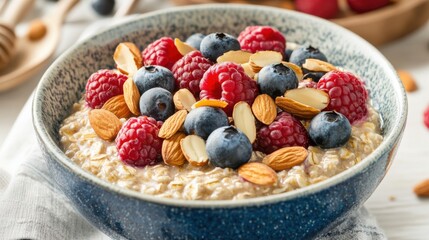 A nutritious breakfast bowl featuring oatmeal topped with sliced almonds, fresh berries,