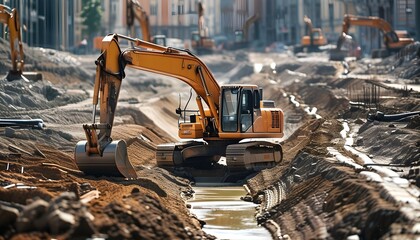 Excavator working diligently at a construction site, digging a trench for sewer pipe installation