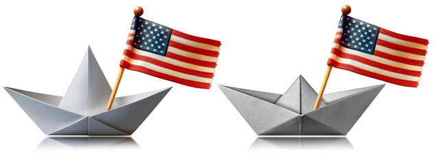 Close-up of a white paper boat with the United states of America flag hanging on the flagpole (toothpick), isolated on transparent or white background, png. Collection and variation. Generative Ai.