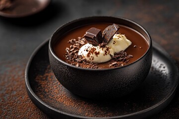 Wall Mural - Delicious chocolate mousse served in a dark bowl, topped with whipped cream and chocolate shavings, perfect for dessert lovers at a cozy café