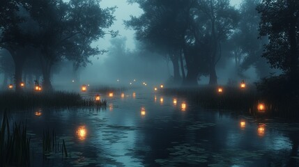 Sticker - A haunting, serene image of a forest swamp illuminated by lanterns, veiled in a thick mist