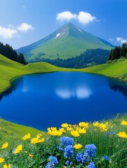 Perfectly round lake, landscape, blue sky, green mountain background, round blue lake, green lawn and colorful flowers in front, very bright picture