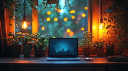 Wall Mural - Laptop and Plants on a Window Sill