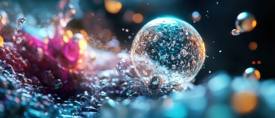 Wall Mural - Abstract Close-Up of a Sparkling Water Droplet with Colorful Bokeh Background in a Vibrant Artistic Composition