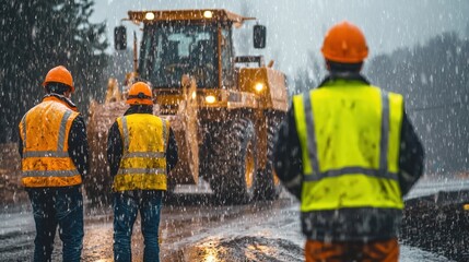 The back of an engineer wearing a yellow vest and orange helmet stands in front of an excavator on a construction site, with heavy rain falling from the sky. It is a rainy day with a blurred backgroun