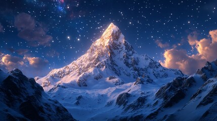 Sticker - Snowy mountain peak under a clear night sky, with stars twinkling above and the mountain bathed in soft, cold moonlight. 4K hyperrealistic photo.