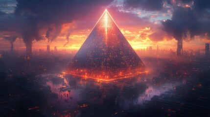 Wall Mural - Futuristic pyramid structure glowing at sunset amidst a cityscape.