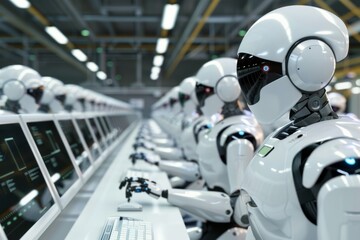 Robots working diligently at computer stations in a modern factory showcasing advanced automation technology in a high-tech environment