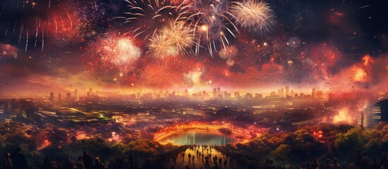 Canvas Print - Nighttime Cityscape with Fireworks Display