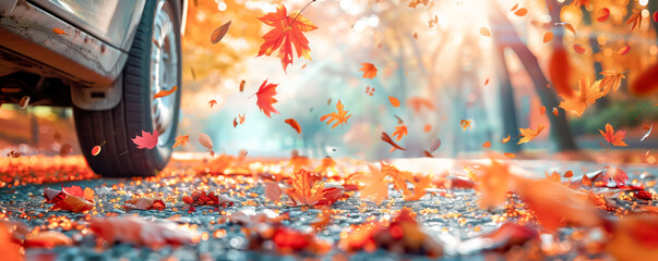 Closeup view of the car tires on asphalt road with many colourful autumn maple leaves falling from the trees in beautiful park in autumn.