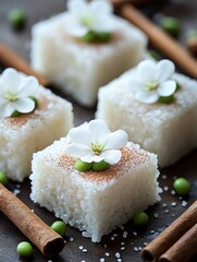 Wall Mural - Cute square cakes with white flowers on top, white pearlescent sprinkled salt, and green split beans on the surface of small cube-shaped rice dumplings, with cinnamon sticks in close-up