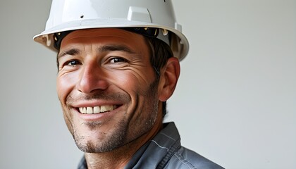 Wall Mural - Cheerful Caucasian Construction Worker Portrait on Plain White Background