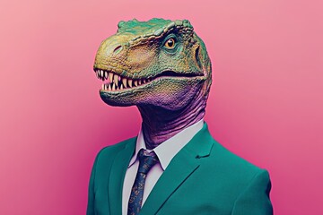 Wall Mural - In generative AI, a dinosaur is dressed in a formal business suit