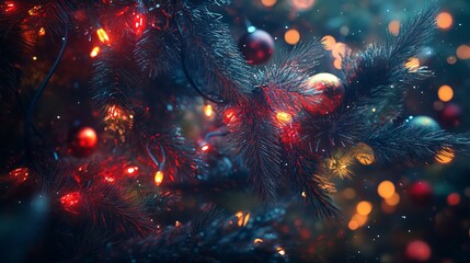 Christmas tree lights with a heatmap effect, showing warm reds around the brightest bulbs and cooler blues on the darker branches. 4K hyperrealistic photo.