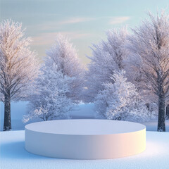 A round white pedestal placed in a serene snowy landscape surrounded by frosted trees, ideal for winter-themed product displays or nature concepts.
