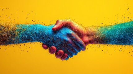 Vibrant handshake between technology and humanity against a yellow background. Digital transformation concept.