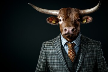 Wall Mural - This anthropomorphic bull is dressed like a boss and wearing a business suit. Stock, human-improved