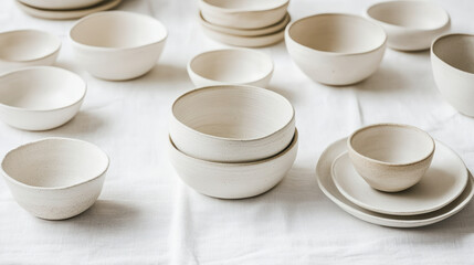 A collection of white ceramic bowls and plates displayed on a white surface, showcasing minimalistic and elegant tableware.