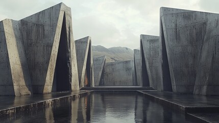 Brutalist war memorial with sharp, jagged concrete forms rising from the ground, evoking a sense of somber reflection and raw power. 4K hyperrealistic photo.