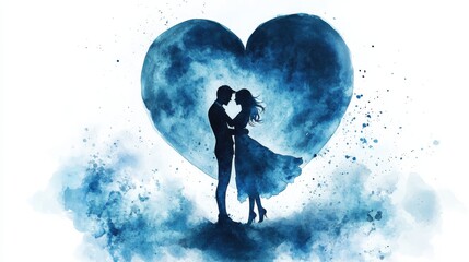 Silhouette of a couple embracing under a large blue heart on a soft, artistic background depicting love and romance