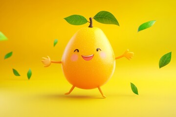 Wall Mural - Funny cartoon mango character. Sweet mango fruit. Healthy food concept. Stock photo.