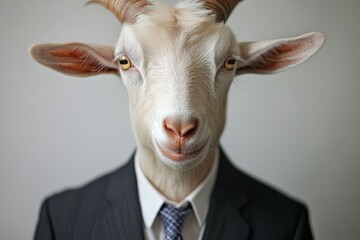 Wall Mural - A goat portrait and a businessman suit in isolated background made from generative AI